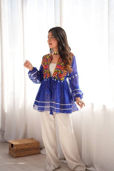 Graceful Blue Rayon Navratri Gown with Gamthi Thread Embroidery  Work Tunics kurti