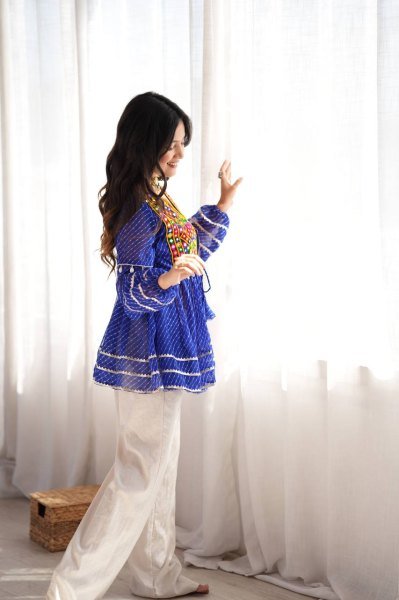 Graceful Blue Rayon Navratri Gown with Gamthi Thread Embroidery  Work Tunics kurti