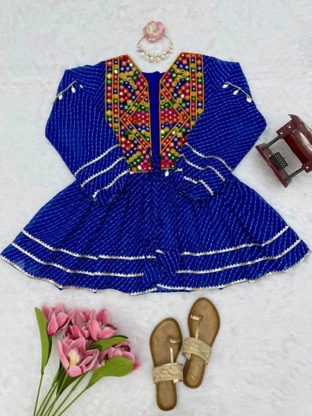 Graceful Blue Rayon Navratri Gown with Gamthi Thread Embroidery  Work Tunics kurti