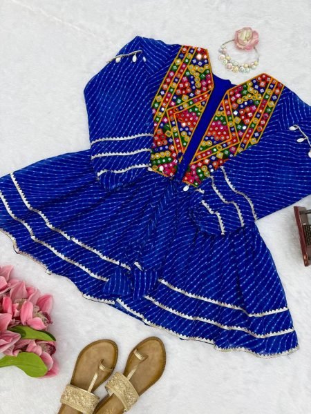 Graceful Blue Rayon Navratri Gown with Gamthi Thread Embroidery  Work Tunics kurti