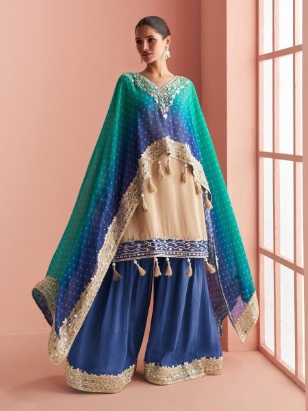 Graceful Blue Simar Silk Pauncho Style Kaftan Short Sharara Set with Hand Mirror Work 
