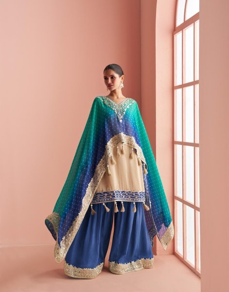 Graceful Blue Simar Silk Pauncho Style Kaftan Short Sharara Set with Hand Mirror Work Designer Plazzo Salwar Suits Wholesale
