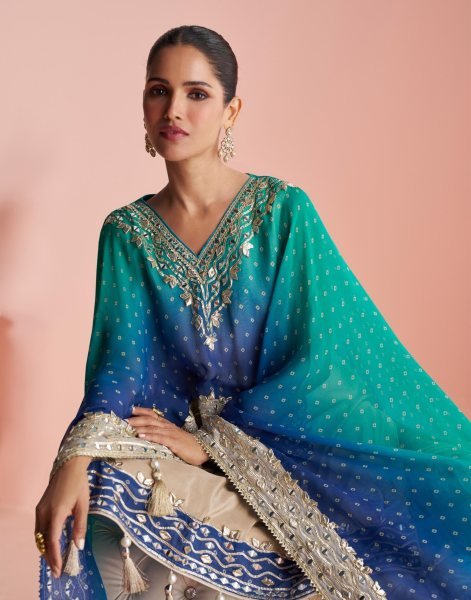 Graceful Blue Simar Silk Pauncho Style Kaftan Short Sharara Set with Hand Mirror Work Designer Plazzo Salwar Suits Wholesale
