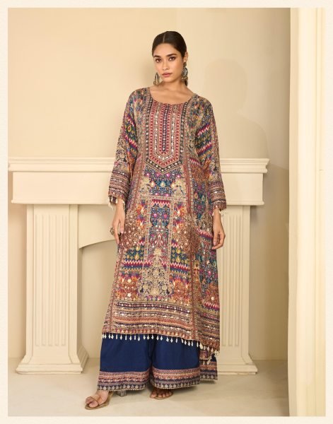 Graceful Blue Women's Natural Crepe Silk Kurti Palazzo Set with Gota Patti Work Designer Plazzo Salwar Suits Wholesale