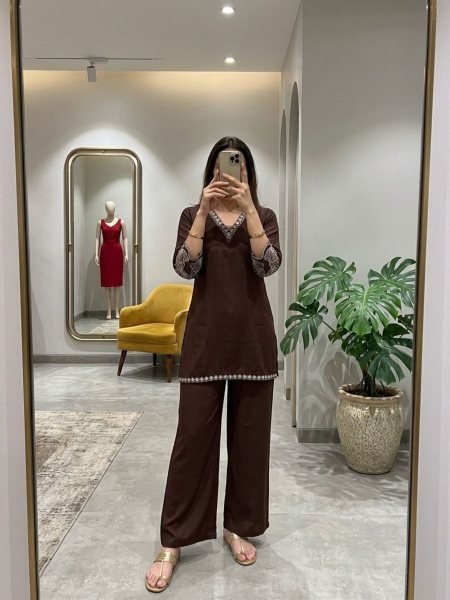 Graceful Brown Designer Cotton Co-Ord Set with Pocket for Office Wear Kurtis