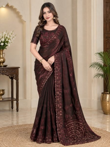 Graceful Brown Dual Tone Fandy Satin Saree with Sequin Embroidery For Party Wear 