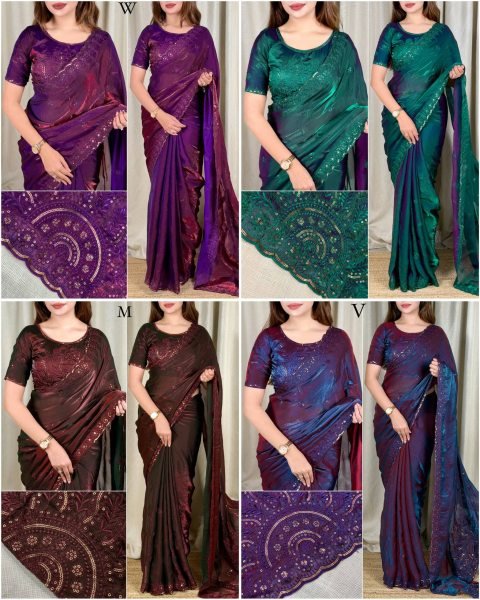 Graceful Brown Dual Tone Fandy Satin Saree with Sequin Embroidery For Party Wear Designer Wedding Sarees Wholesale