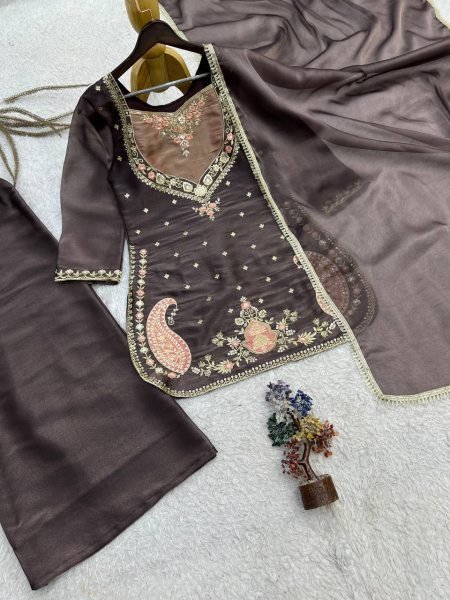 Graceful Brown Ready-to-Wear NC Moss Silk Top Palazzo with Lace Border Dupatta at Wholeslae Rate Ready To Wear Collection