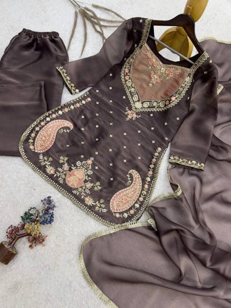 Graceful Brown Ready-to-Wear NC Moss Silk Top Palazzo with Lace Border Dupatta at Wholeslae Rate Ready To Wear Collection