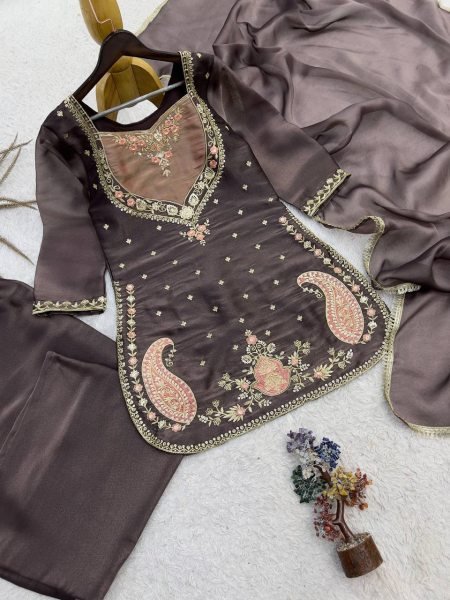 Graceful Brown Ready-to-Wear NC Moss Silk Top Palazzo with Lace Border Dupatta at Wholeslae Rate Ready To Wear Collection