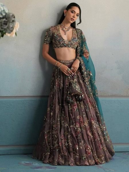 Graceful Brown Star Georgette Lehenga with Digital Print and Sequin Figure Work 