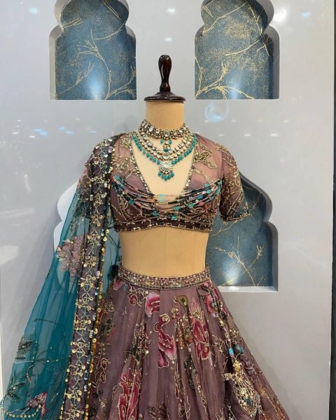 Graceful Brown Star Georgette Lehenga with Digital Print and Sequin Figure Work Designer Lehenga Choli