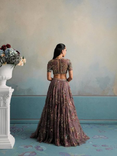 Graceful Brown Star Georgette Lehenga with Digital Print and Sequin Figure Work Designer Lehenga Choli