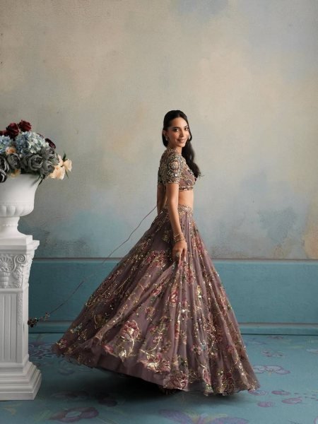 Graceful Brown Star Georgette Lehenga with Digital Print and Sequin Figure Work Designer Lehenga Choli