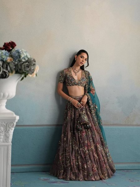Graceful Brown Star Georgette Lehenga with Digital Print and Sequin Figure Work Designer Lehenga Choli