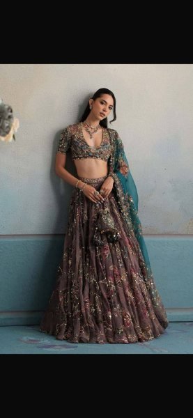 Graceful Brown Star Georgette Lehenga with Digital Print and Sequin Figure Work Designer Lehenga Choli
