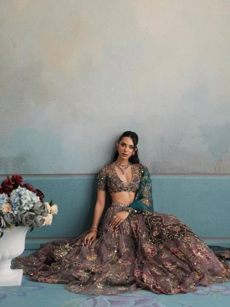 Graceful Brown Star Georgette Lehenga with Digital Print and Sequin Figure Work Designer Lehenga Choli