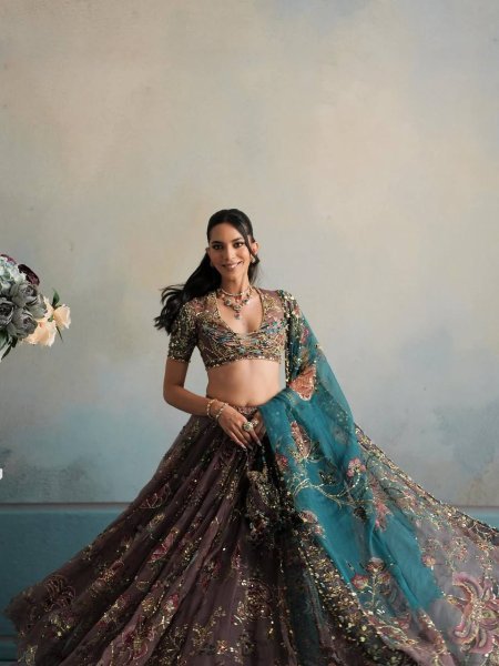 Graceful Brown Star Georgette Lehenga with Digital Print and Sequin Figure Work Designer Lehenga Choli