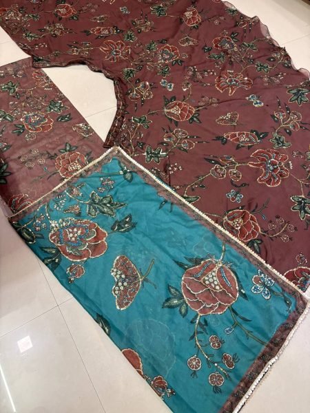 Graceful Brown Star Georgette Lehenga with Digital Print and Sequin Figure Work Designer Lehenga Choli