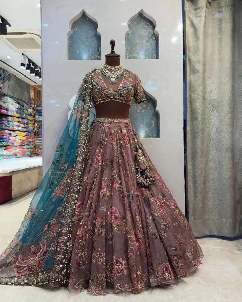 Graceful Brown Star Georgette Lehenga with Digital Print and Sequin Figure Work Designer Lehenga Choli