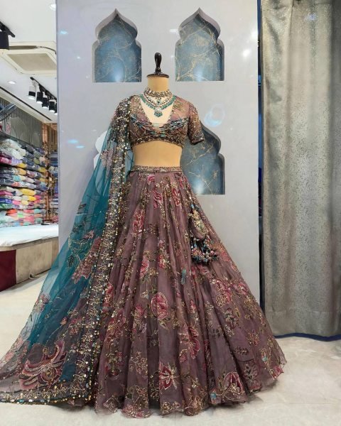 Graceful Brown Star Georgette Lehenga with Digital Print and Sequin Figure Work Designer Lehenga Choli