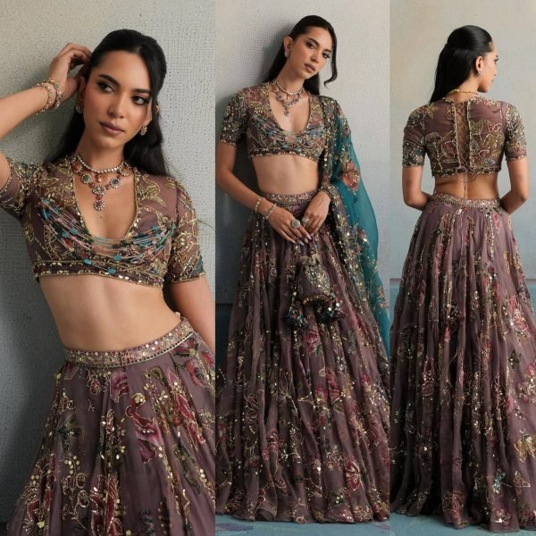 Graceful Brown Star Georgette Lehenga with Digital Print and Sequin Figure Work Designer Lehenga Choli
