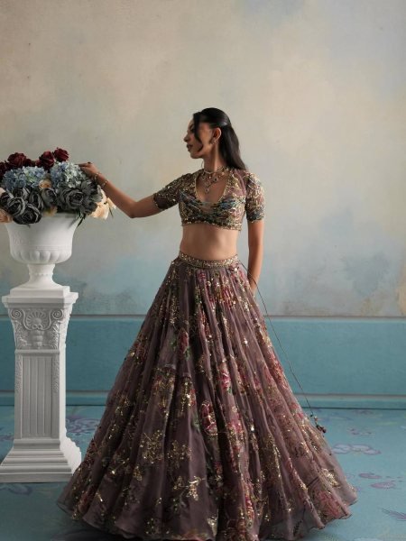 Graceful Brown Star Georgette Lehenga with Digital Print and Sequin Figure Work Designer Lehenga Choli