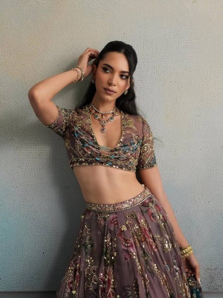 Graceful Brown Star Georgette Lehenga with Digital Print and Sequin Figure Work Designer Lehenga Choli