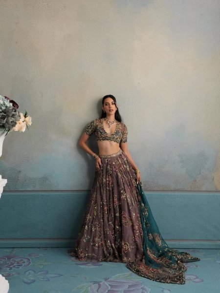 Graceful Brown Star Georgette Lehenga with Digital Print and Sequin Figure Work Designer Lehenga Choli
