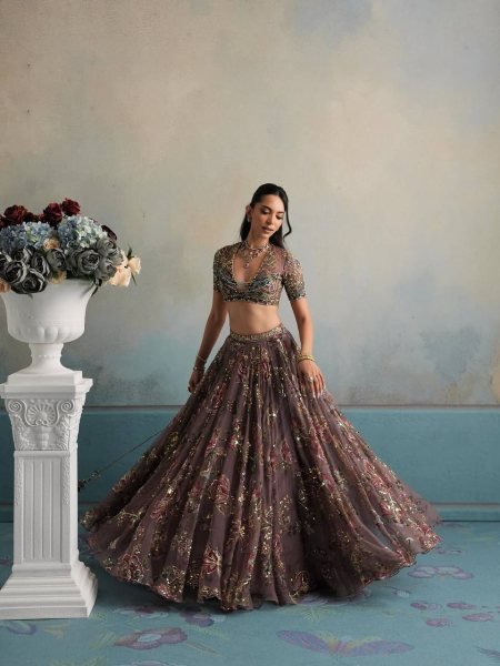 Graceful Brown Star Georgette Lehenga with Digital Print and Sequin Figure Work Designer Lehenga Choli