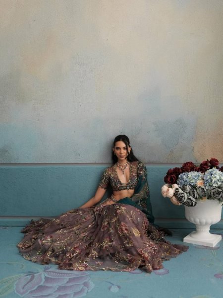 Graceful Brown Star Georgette Lehenga with Digital Print and Sequin Figure Work Designer Lehenga Choli