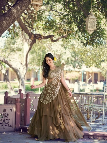 Graceful Brown Wedding Collection Lehenga with Sequins and Thread Embroidery 