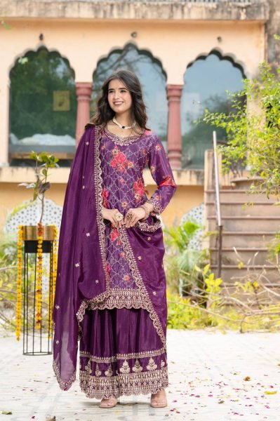 Graceful Chinon Silk Kurti Plazo Set with Dupatta for Women in Best Price  Ready To Wear Collection