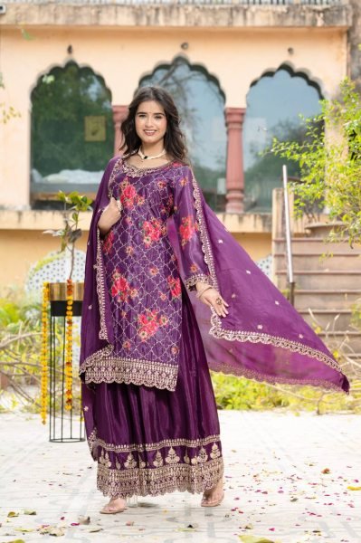 Graceful Chinon Silk Kurti Plazo Set with Dupatta for Women in Best Price  Ready To Wear Collection