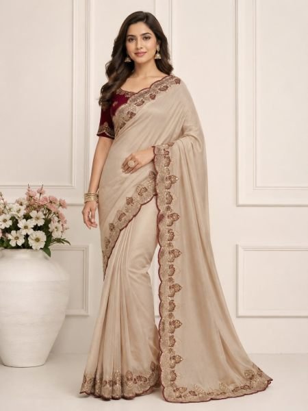 Graceful Cream Designer Rangoli Silk Saree with Heavy Embroidered Border For Wedding Sarees 