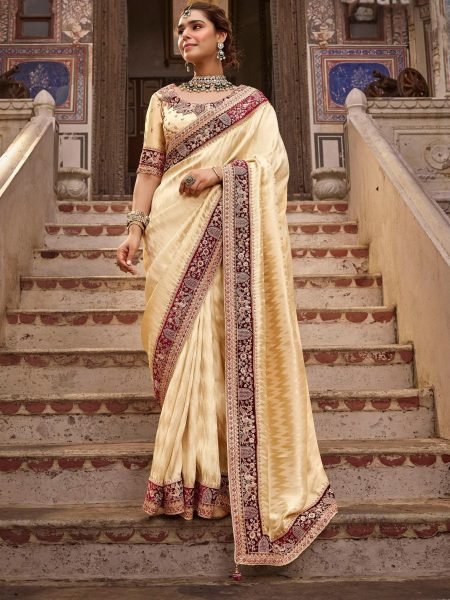 Graceful Cream Designer Viscose Saree with Free Size Blouse at Wholesale Rate