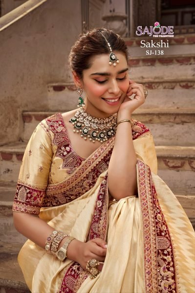 Graceful Cream Designer Viscose Saree with Free Size Blouse at Wholesale Rate Designer Wedding Sarees Wholesale