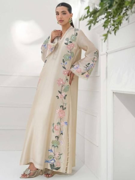 Graceful Cream Pure Roman Glass Long Kaftan Pant Dupatta Set with Sequin Work Ready To Wear Suit