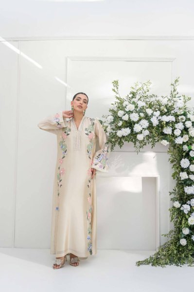 Graceful Cream Pure Roman Glass Long Kaftan Pant Dupatta Set with Sequin Work Ready To Wear Collection