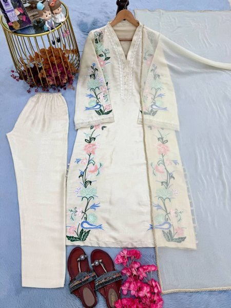 Graceful Cream Pure Roman Glass Long Kaftan Pant Dupatta Set with Sequin Work Ready To Wear Collection