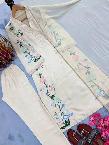 Graceful Cream Pure Roman Glass Long Kaftan Pant Dupatta Set with Sequin Work Ready To Wear Collection