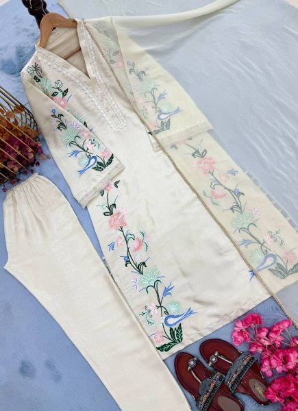 Graceful Cream Pure Roman Glass Long Kaftan Pant Dupatta Set with Sequin Work Ready To Wear Collection