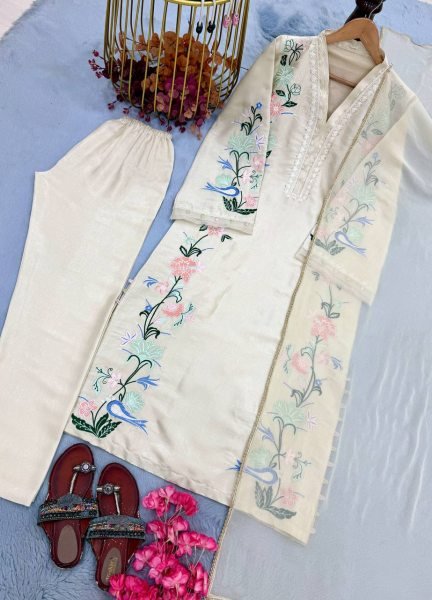 Graceful Cream Pure Roman Glass Long Kaftan Pant Dupatta Set with Sequin Work Ready To Wear Collection