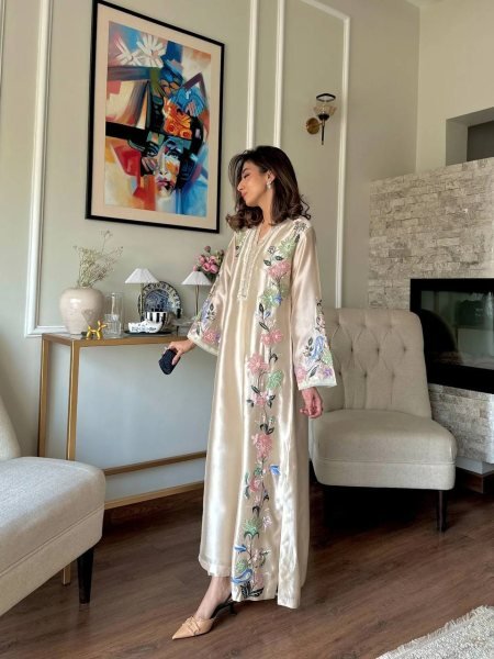 Graceful Cream Pure Roman Glass Long Kaftan Pant Dupatta Set with Sequin Work Ready To Wear Collection