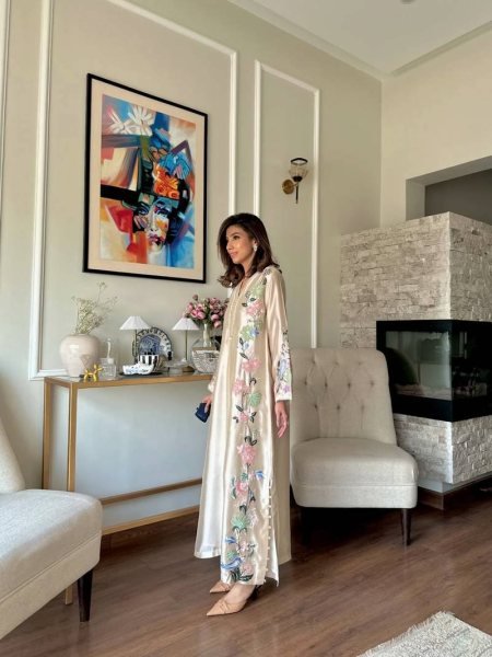 Graceful Cream Pure Roman Glass Long Kaftan Pant Dupatta Set with Sequin Work Ready To Wear Collection