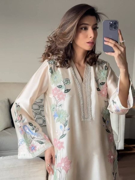 Graceful Cream Pure Roman Glass Long Kaftan Pant Dupatta Set with Sequin Work Ready To Wear Collection