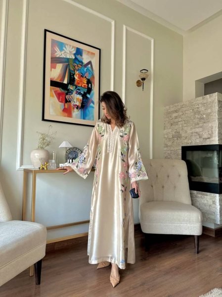 Graceful Cream Pure Roman Glass Long Kaftan Pant Dupatta Set with Sequin Work Ready To Wear Collection