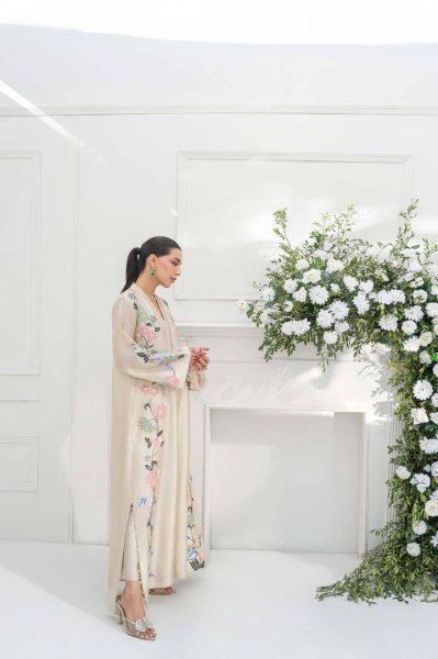 Graceful Cream Pure Roman Glass Long Kaftan Pant Dupatta Set with Sequin Work Ready To Wear Collection