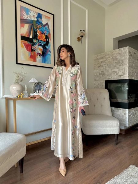 Graceful Cream Pure Roman Glass Long Kaftan Pant Dupatta Set with Sequin Work Ready To Wear Collection