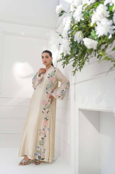 Graceful Cream Pure Roman Glass Long Kaftan Pant Dupatta Set with Sequin Work Ready To Wear Collection